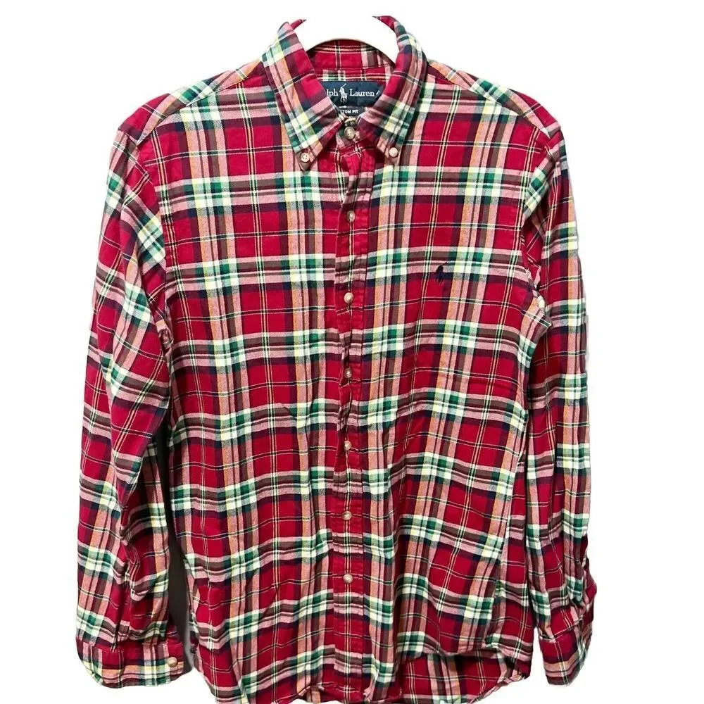 Ralph Lauren Mens Red Blue Polo Plaid Oxford Button Shirt M/L Slim Long Sleeve